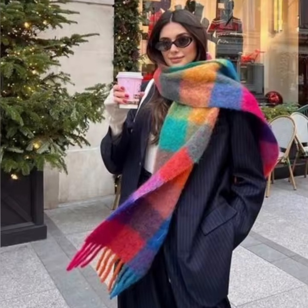 13. VARIOUS Soft Scarf Women's Multicolor Plaid Oversized Neck Warmer - Picture 4 of 5